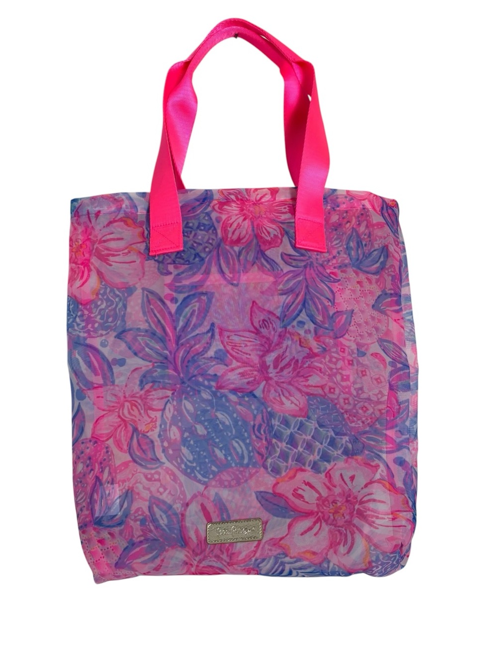 Lilly Pulitzer Pink and Purple Floral Tote with Hot Pink Handles